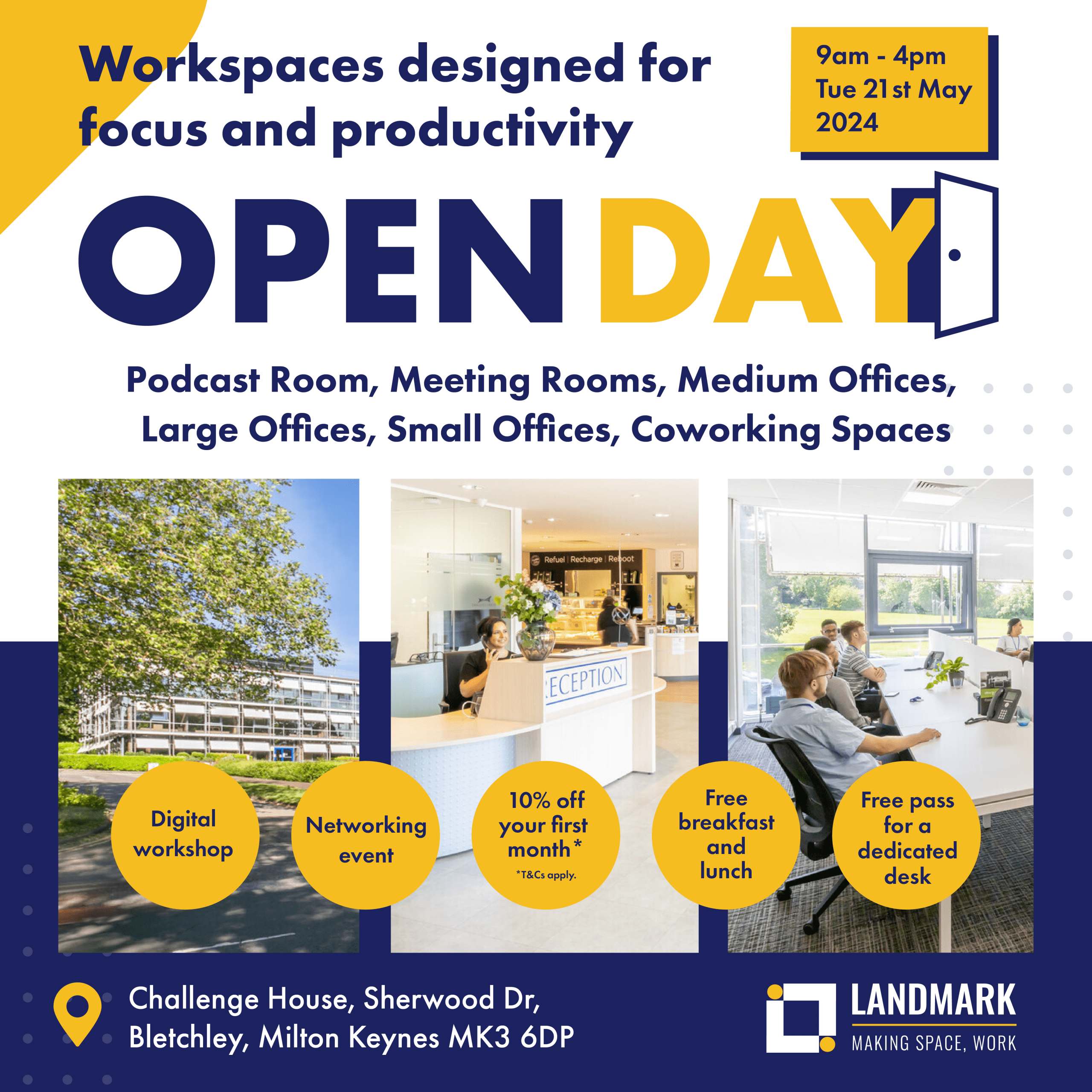 Advert for Landmark serviced office at Challenge House open day