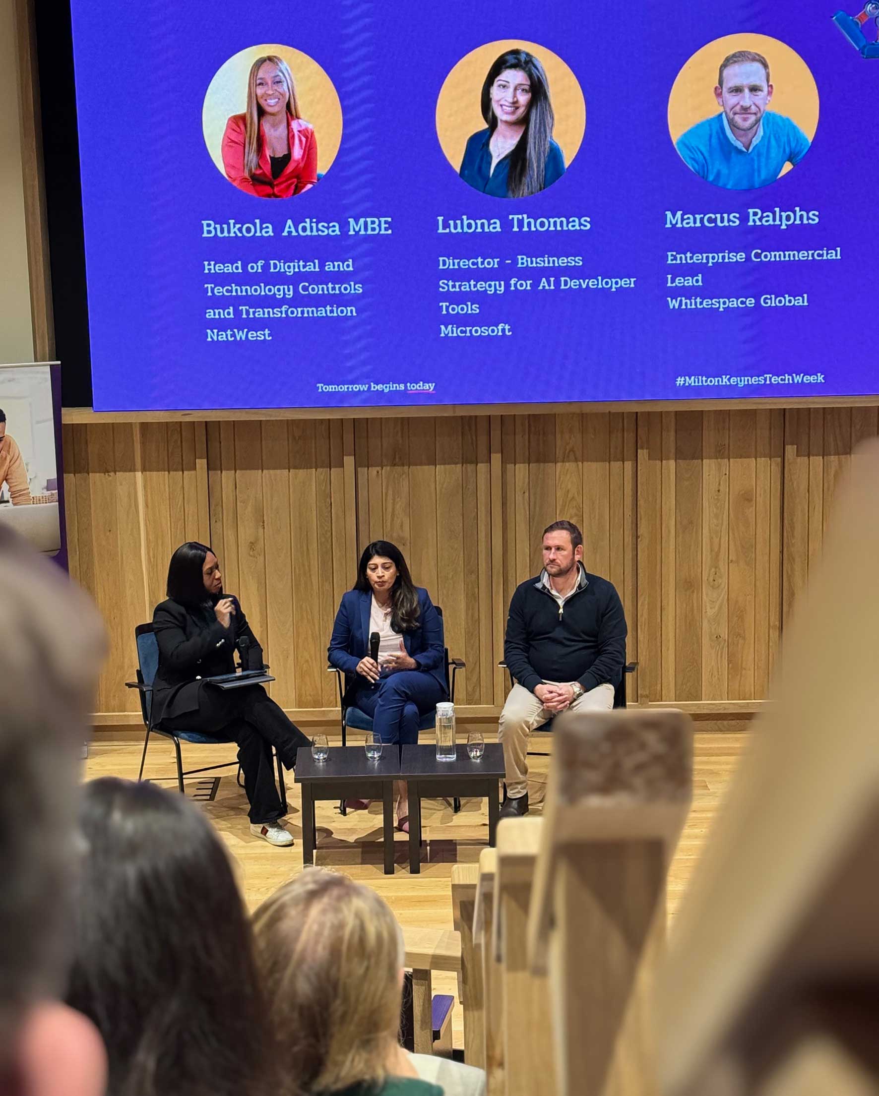 Former SEMLEP chair is named leading LGBT+ public sector exec role model | Business MK Bukola Adisa MBE leads the discussion on AI innovation with Lubna Thomas of Microsoft and Marcus Ralphs of Whitespace Global at Bletchley Park.