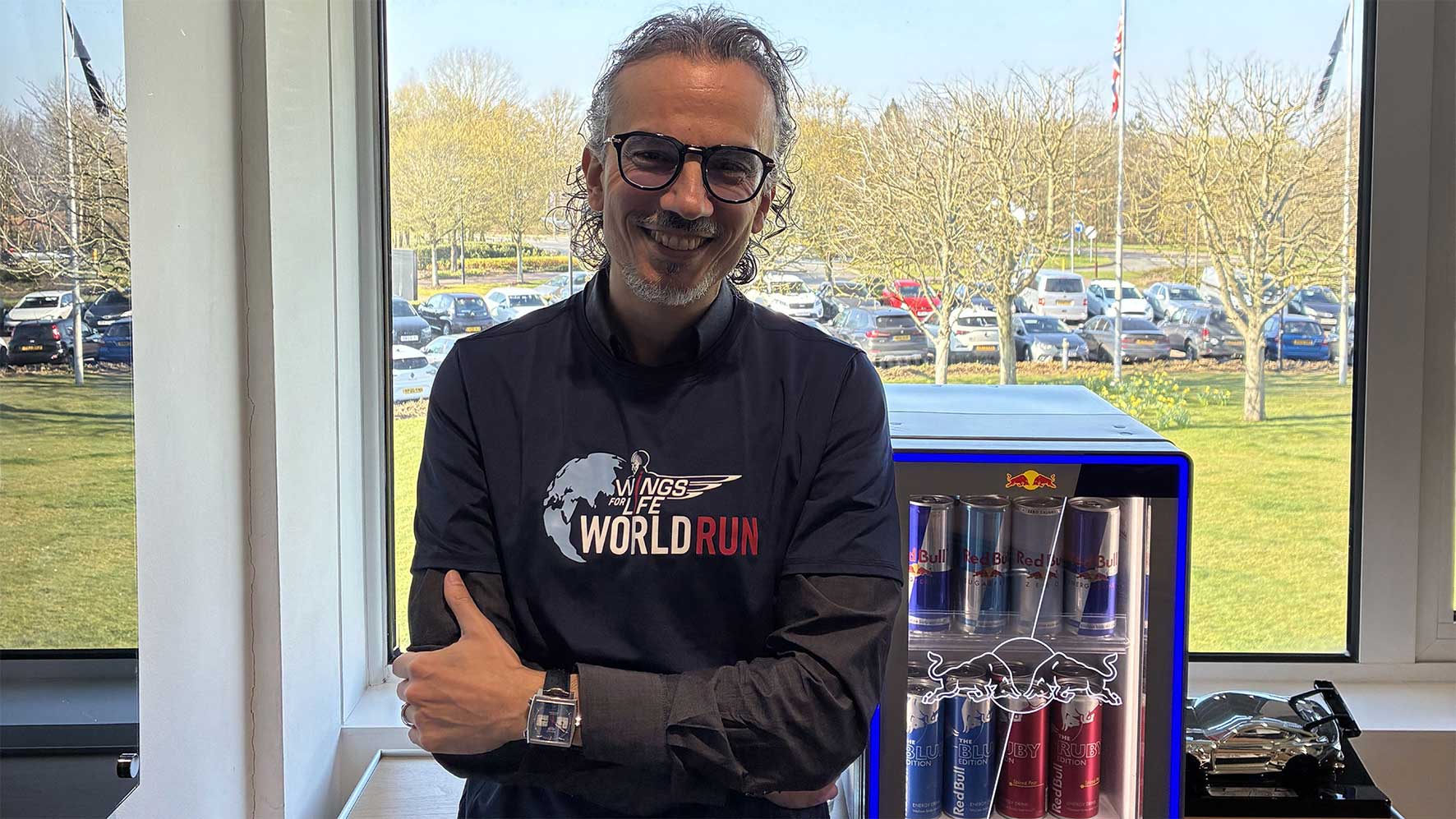 Laurent Mekies wearing a Wings for Life T-shirt at Oracle Red Bull Racing’s Milton Keynes headquarters