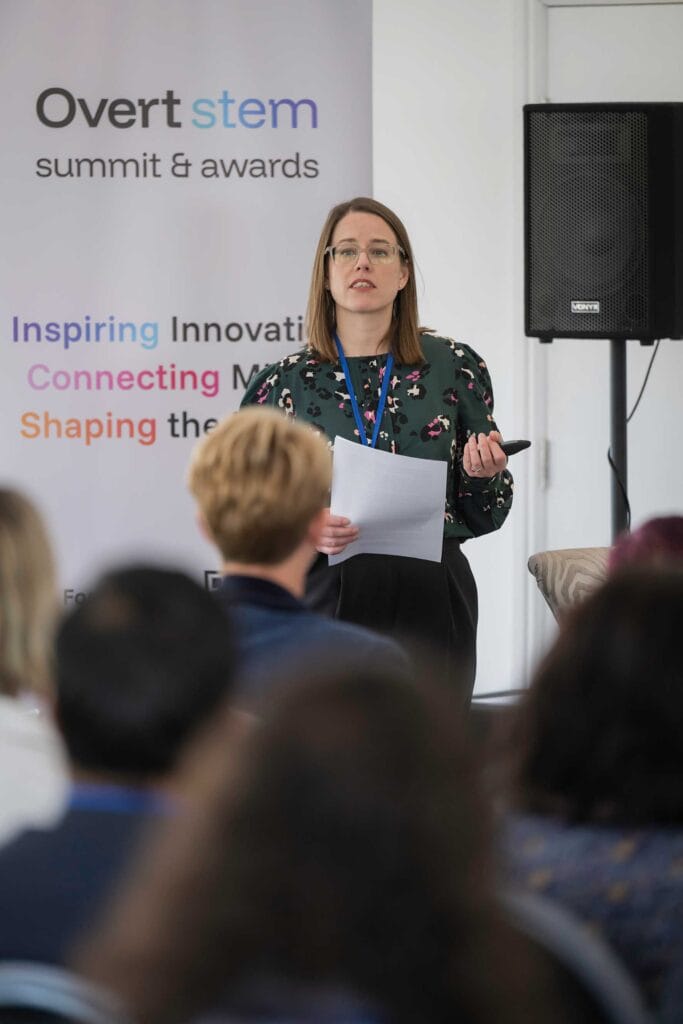 Emma-Kent-speaking-at-Overt-Stem | Business MK Emma Kent, managing director at Initivo, speaks to attendees at the Overt STEM launch in Milton Keynes, with business and education representatives gathered to discuss regional skills and collaboration.