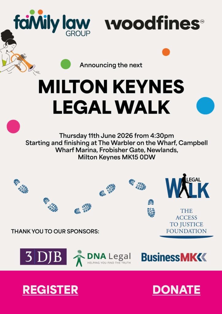 Poster announcing Milton Keynes Legal Walk with sponsor logos and event details (June 11, 2026).
