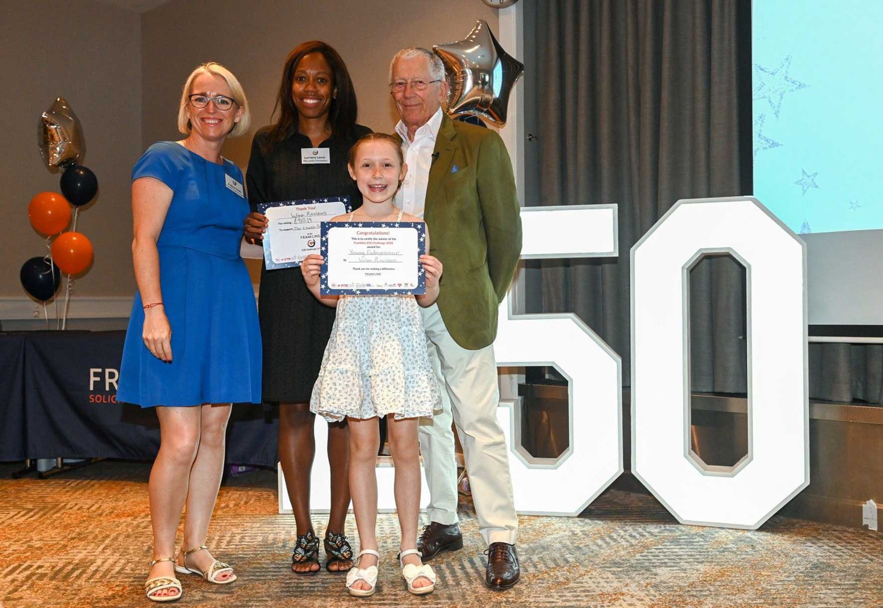 Andrea Smith, Young Entrepreneur Award winner Woo and Nick Hewer at the Franklins Solicitors £50 Challenge Awards 2026