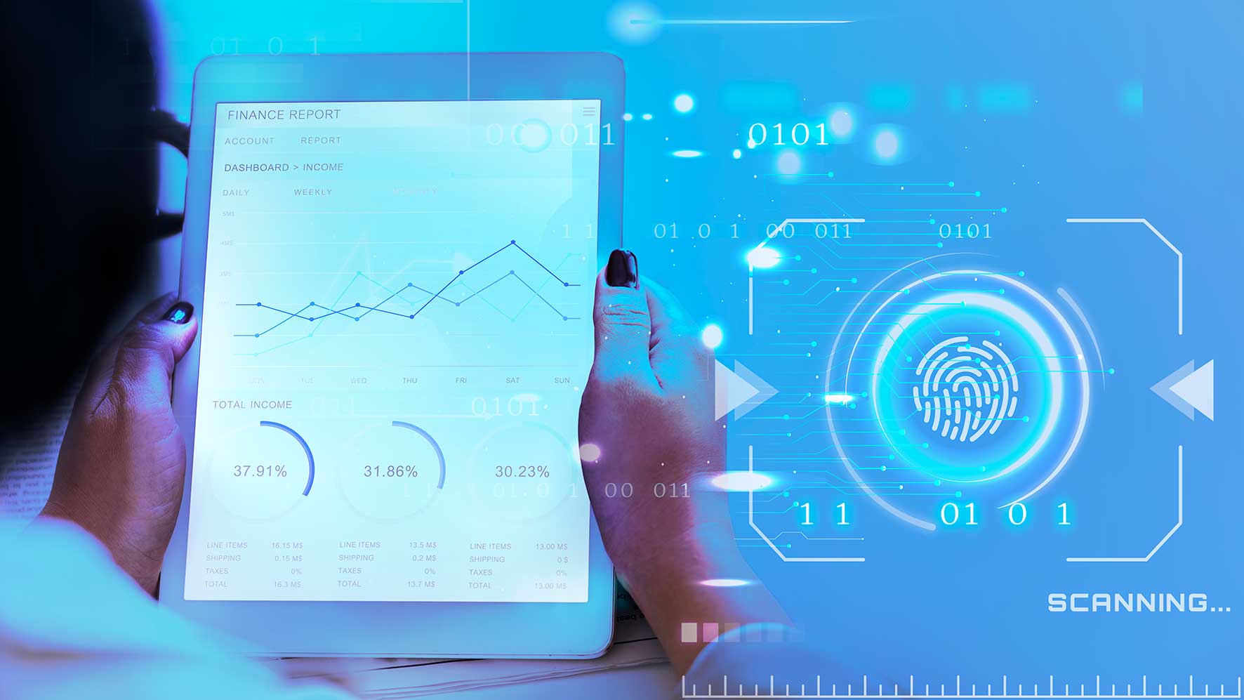 Business professional analysing financial data on a tablet with digital security technology overlay