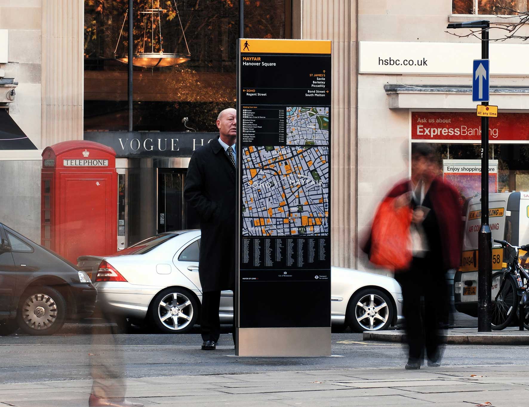 Legible London wayfinding sign, a pedestrian navigation system that has inspired MyMiltonKeynes BID's new wayfinding strategy for Central Milton Keynes.