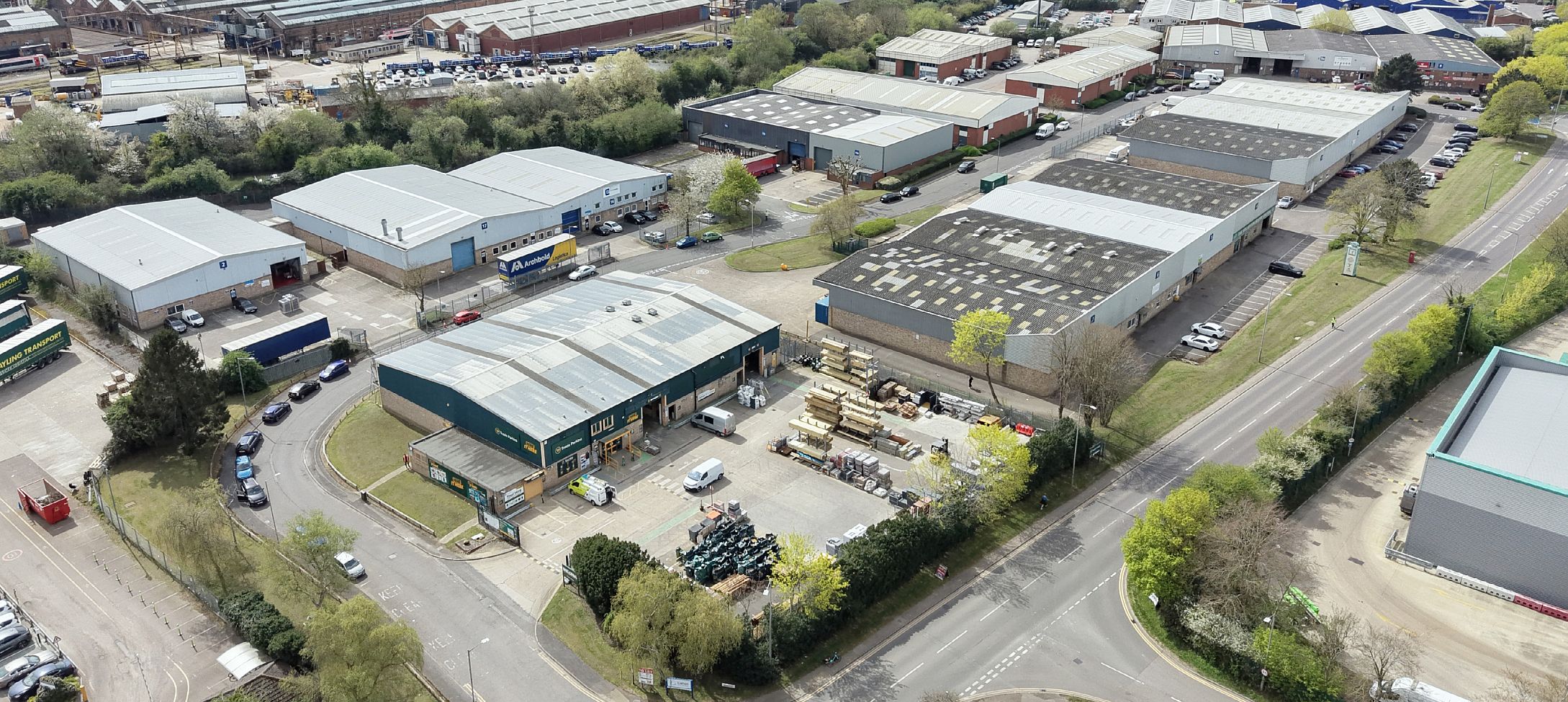Aerial view of Canon Industrial Park in Wolverton, Milton Keynes, acquired by Chancerygate in a £28m deal