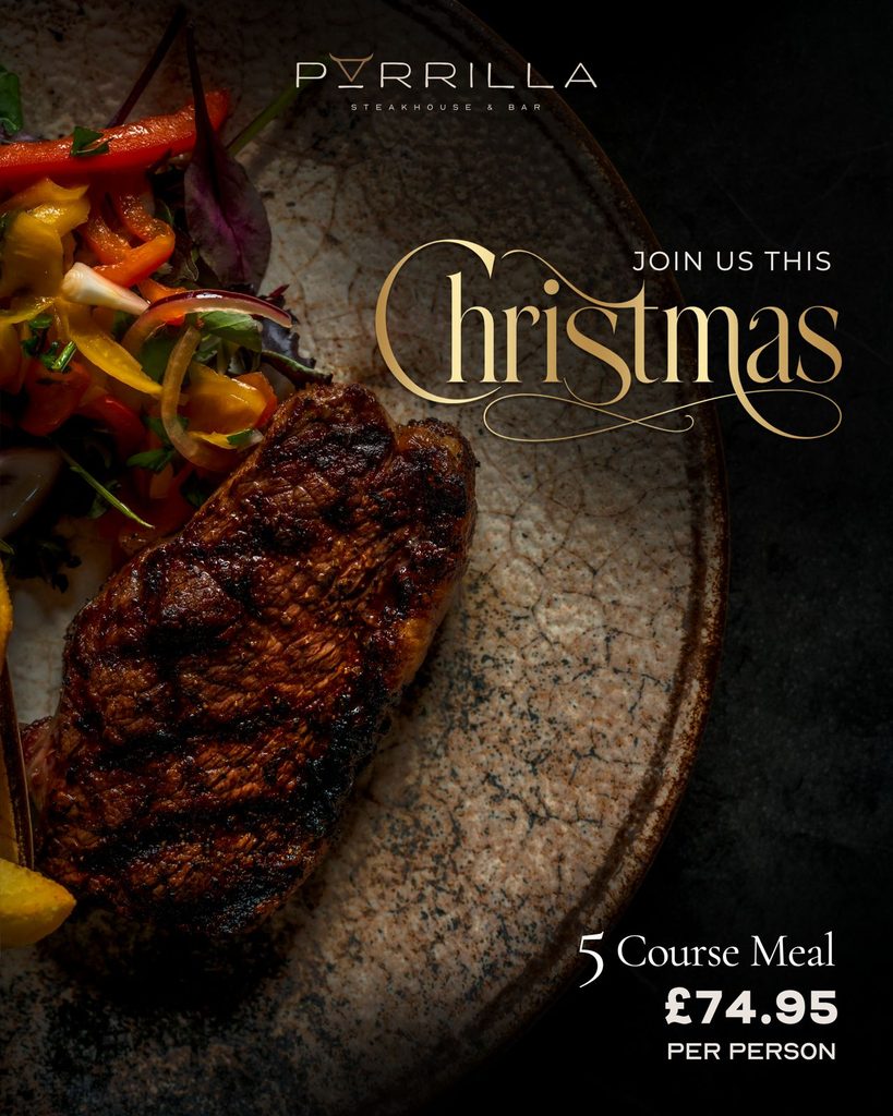 Parrilla five-course Christmas menu Milton Keynes | Business MK Close-up of a grilled steak with a colorful salad on a ceramic plate, set against a dark background, with elegant Christmas typography and 'Join us this Christmas' text (restaurant promo).