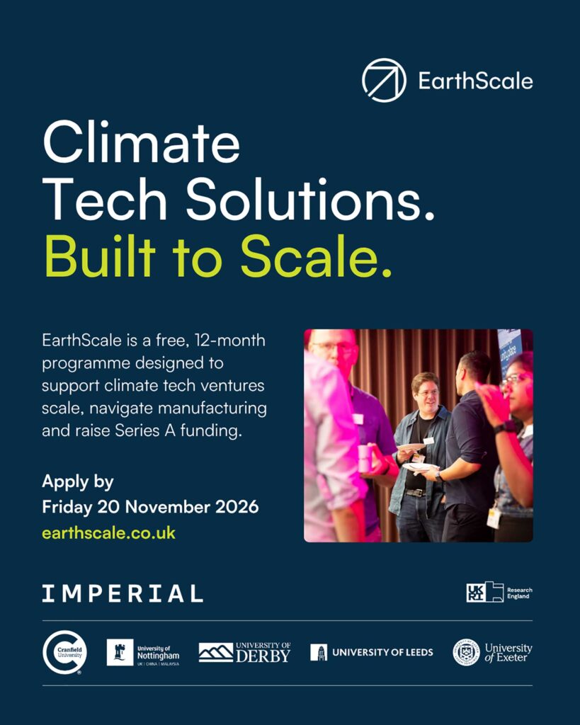 EarthScale Cohort 3 Climate Tech Programme | Business MK EarthScale Cohort 3 recruitment graphic promoting a 12-month climate technology programme, with applications closing on 20 November 2026.