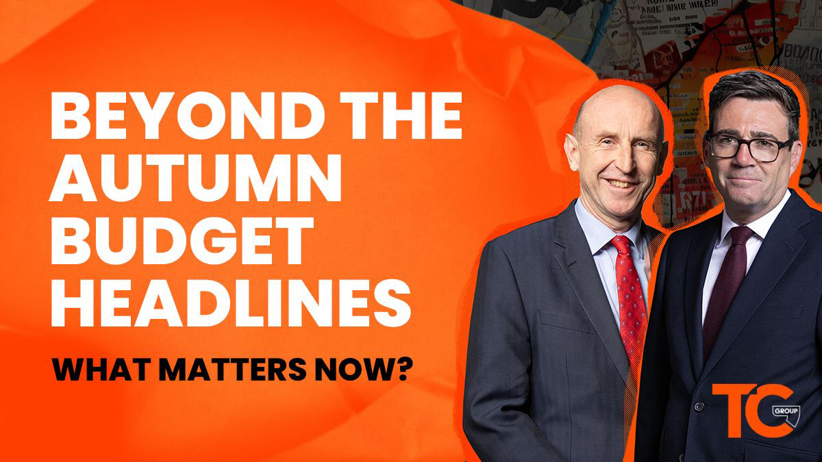 TC Group promotional graphic for its Autumn Budget business briefing, featuring two men alongside the words “Beyond the Autumn Budget Headlines: What Matters Now?”